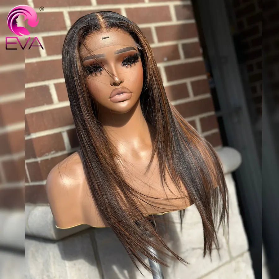 Eva Layered Cut 5x5 HD Lace Closure Wig Straight Glueless Wigs Highlight Human Hair Lace Frontal Wig Pre Plucked Bleached Knots