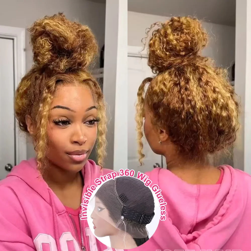 Perruque bouclée avec mèches HD en cheveux naturels