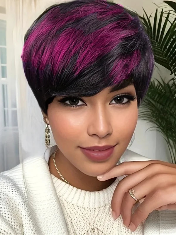 Perruque courte à couches multiples en cheveux naturels lisses violets