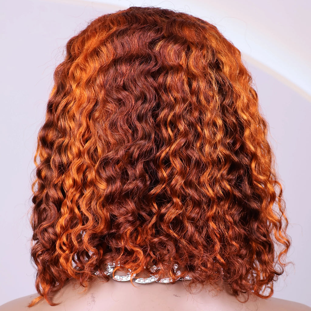 Perruque cheveux naturels brésiliens, boucles profondes, couleur ombrée gingembre