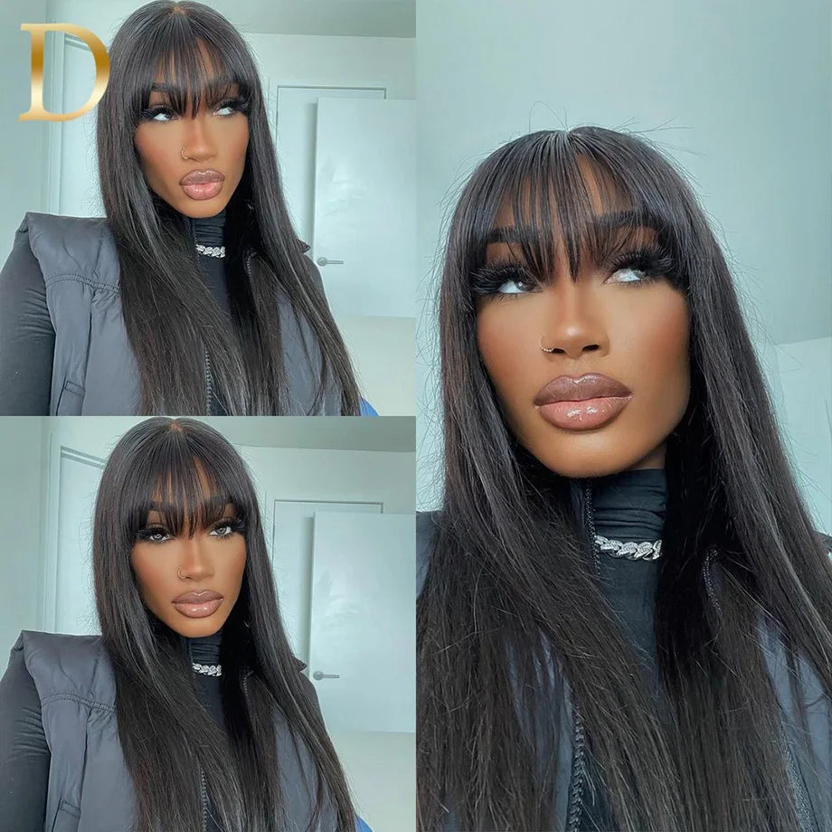 250 Density Straight Fringe Wigs Human Hair For Women Brazilian Wig  Straight 3x1 Middele Part Lace Realistic Look Fake Scalp Wi