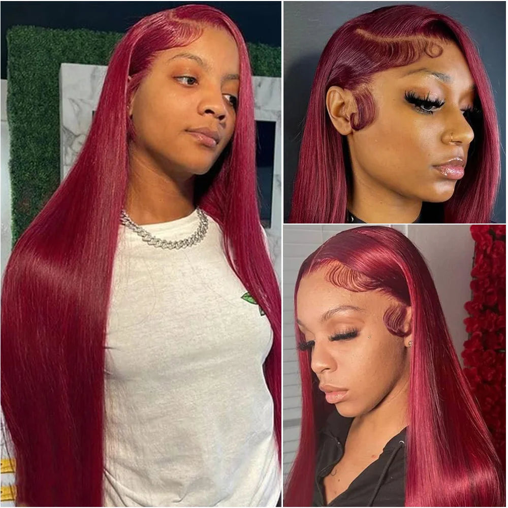 30Inch Burgundy Bone Straight 99J Colored 13x4 Lace Front Wig Human Hair 13x6 HD Transparent Lace Frontal Wigs For Women