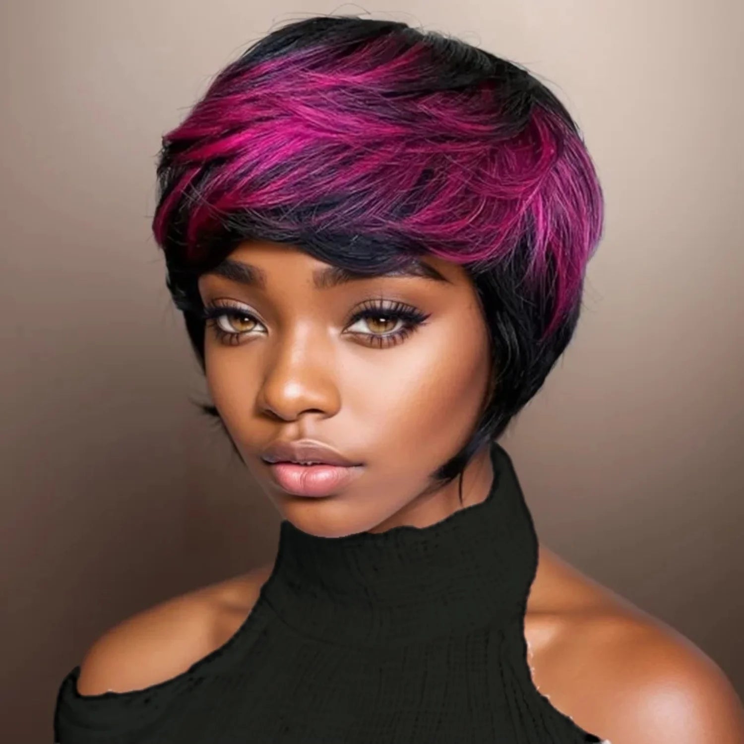 Perruque courte à couches multiples en cheveux naturels lisses violets