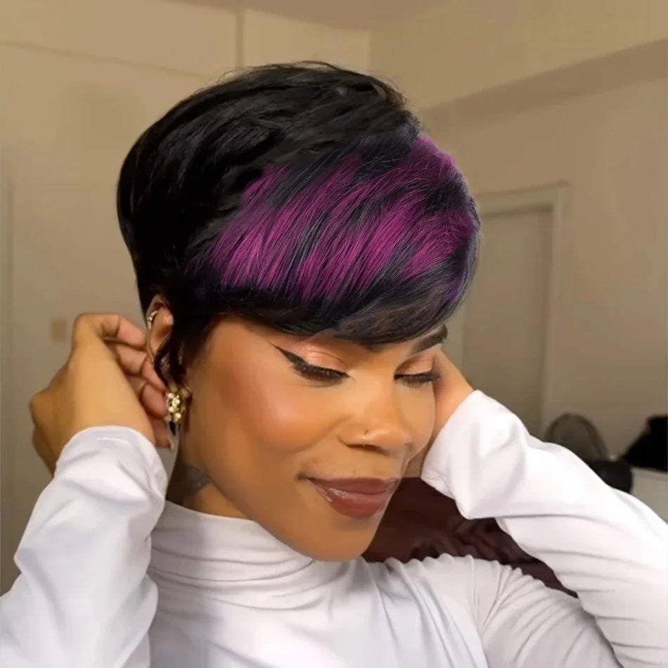 Perruque courte à couches multiples en cheveux naturels lisses violets