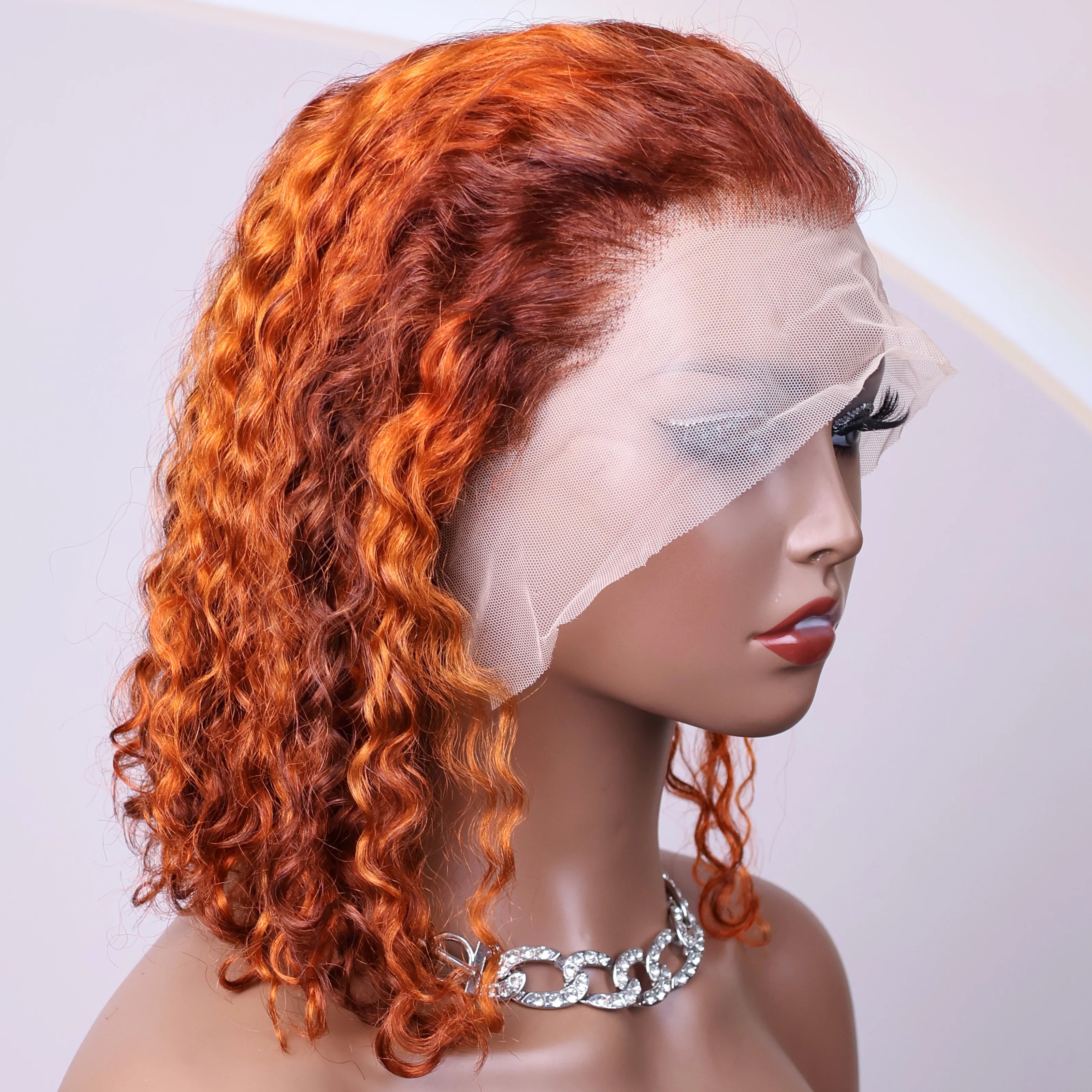 Perruque cheveux naturels brésiliens, boucles profondes, couleur ombrée gingembre