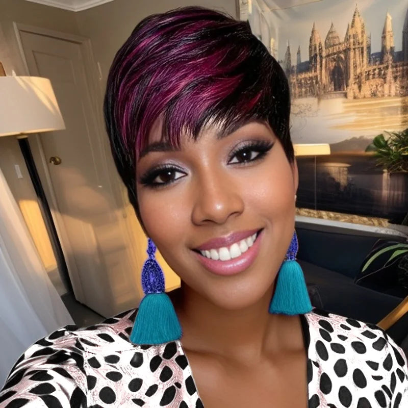 Perruque courte à couches multiples en cheveux naturels lisses violets