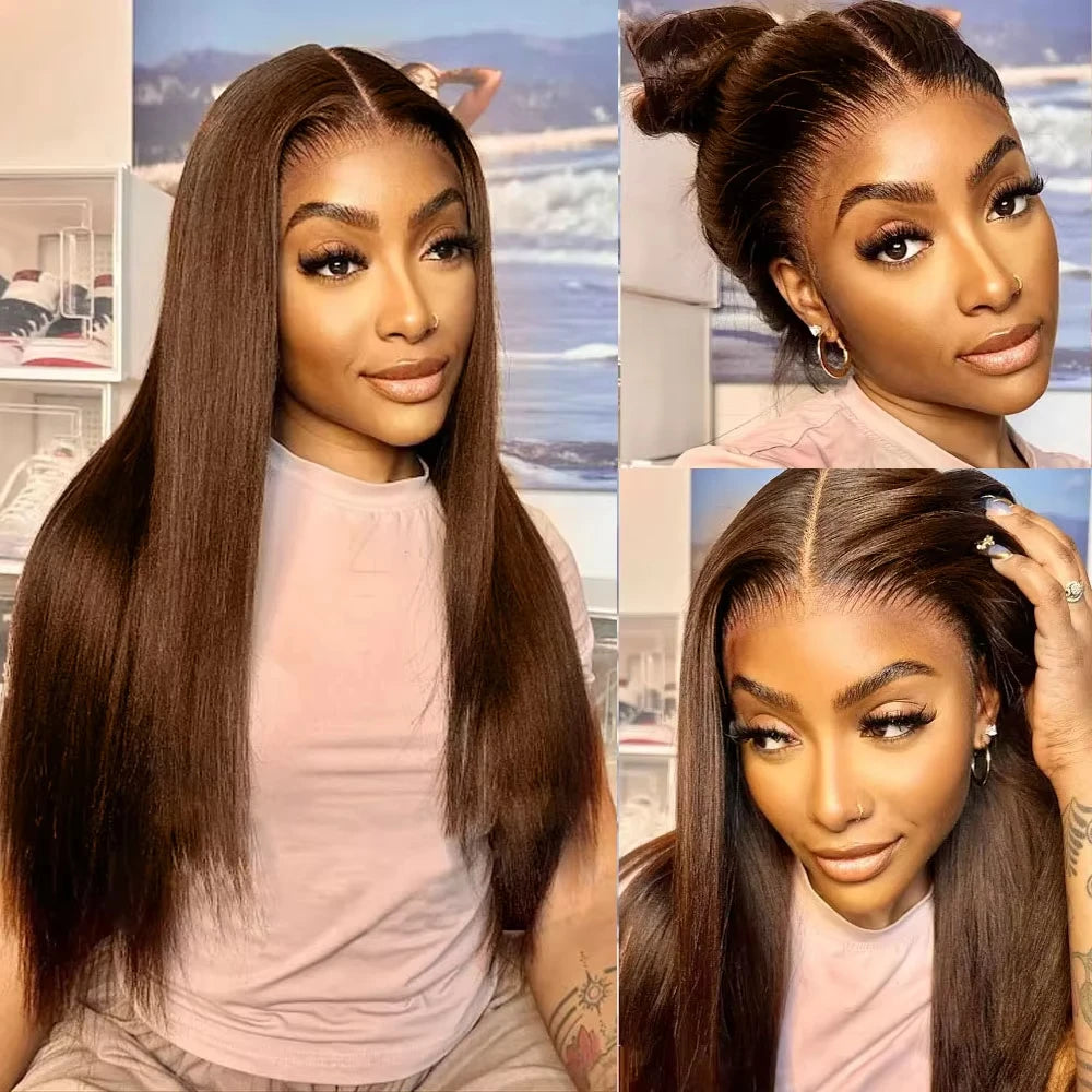 #4 Chocolate Brown Straight Lace Front Wigs 13x6 Transparent Lace Frontal Wig 13x4 Pre Plucked Brazilian Remy  Human Hair Wigs.