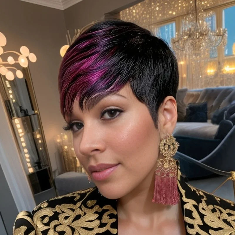 Perruque courte à couches multiples en cheveux naturels lisses violets