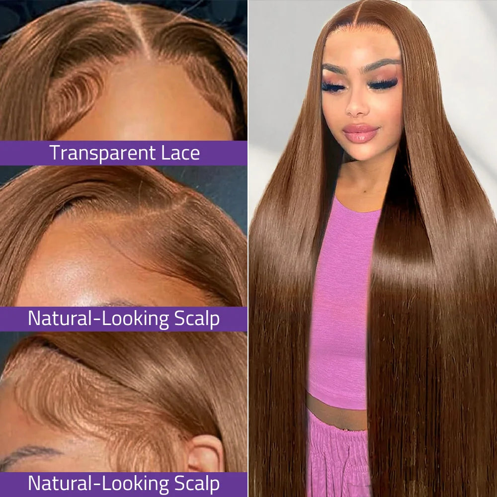 #4 Chocolate Brown Straight Lace Front Wigs 13x6 Transparent Lace Frontal Wig 13x4 Pre Plucked Brazilian Remy  Human Hair Wigs.